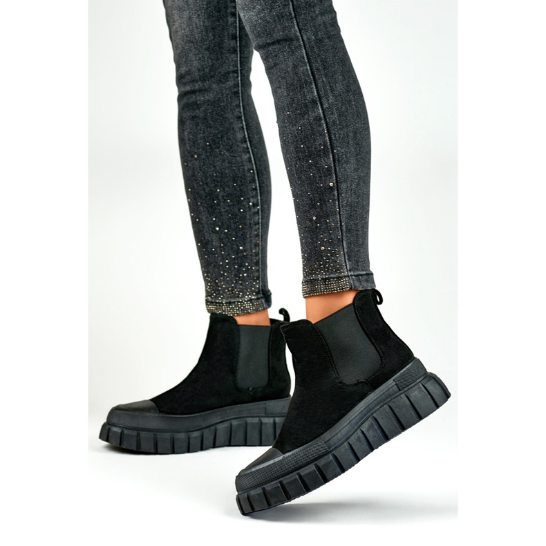 Női Chelsea csizma velúr felbújós bokacsizma fekete A1006B 1