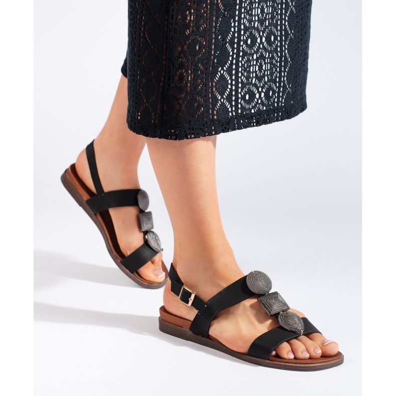 Sergio Leone Fekete kényelmes, lapos női szandál 1