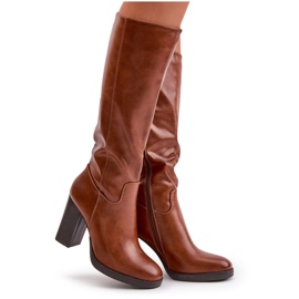 Női csizma az öko-bőr oszlopon a térd teve előtt barna 11