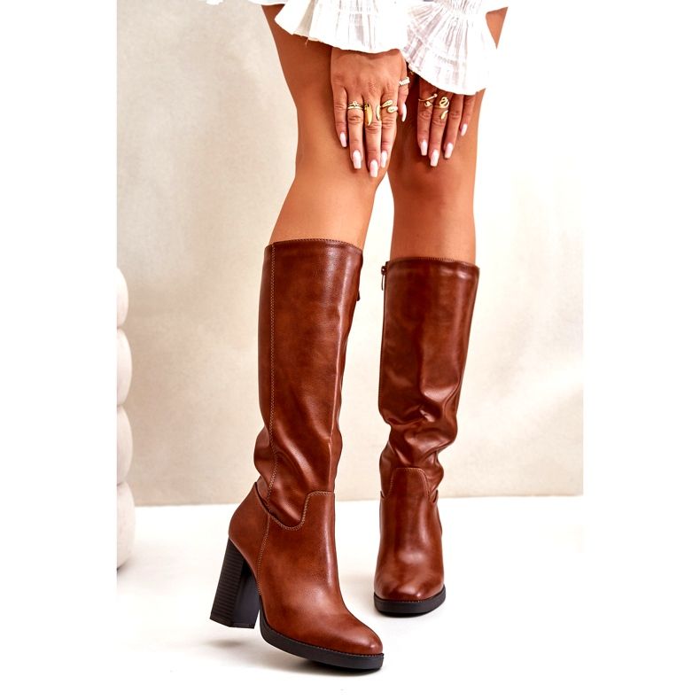 Női csizma az öko-bőr oszlopon a térd teve előtt barna 6