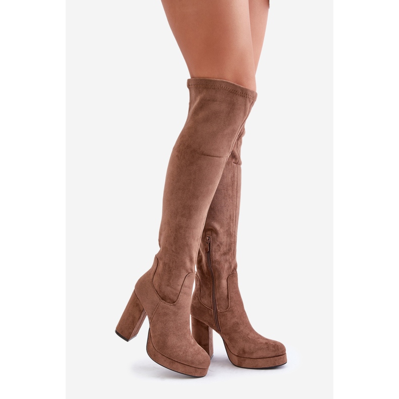 Magas sarkú és platós csizma térd feletti felsőrésszel, Eco Suede sötétbézs Zistaria 1