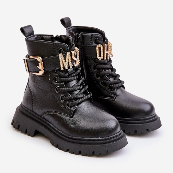 Eco bőr szigetelt lánycsizma dekoratív pánttal, fekete Gilian 1