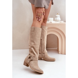 Velúr csizma alacsony sarkú, térd feletti felsőrésszel Zazoo 3444/O világos bézs 2