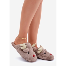 Karácsonyi papucs rénszarvas motívummal, szőrös, sötét bézs 1