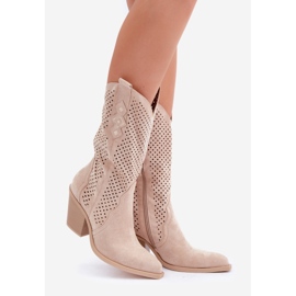 Áttört Cowboy Csizma Magas Sarkú, Világos bézs 1