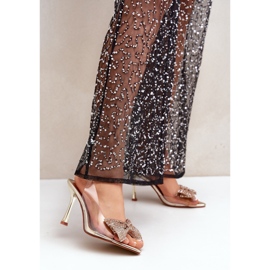 Átlátszó magas sarkú szandál fényes arany masnival aranysárga 2