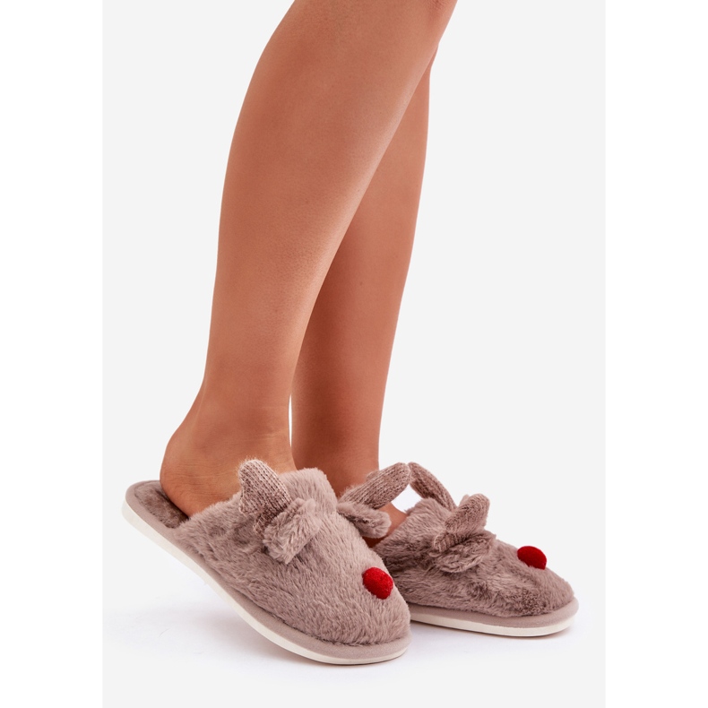 Női szőrme papucs rénszarvas mintával, sötétbézs 1