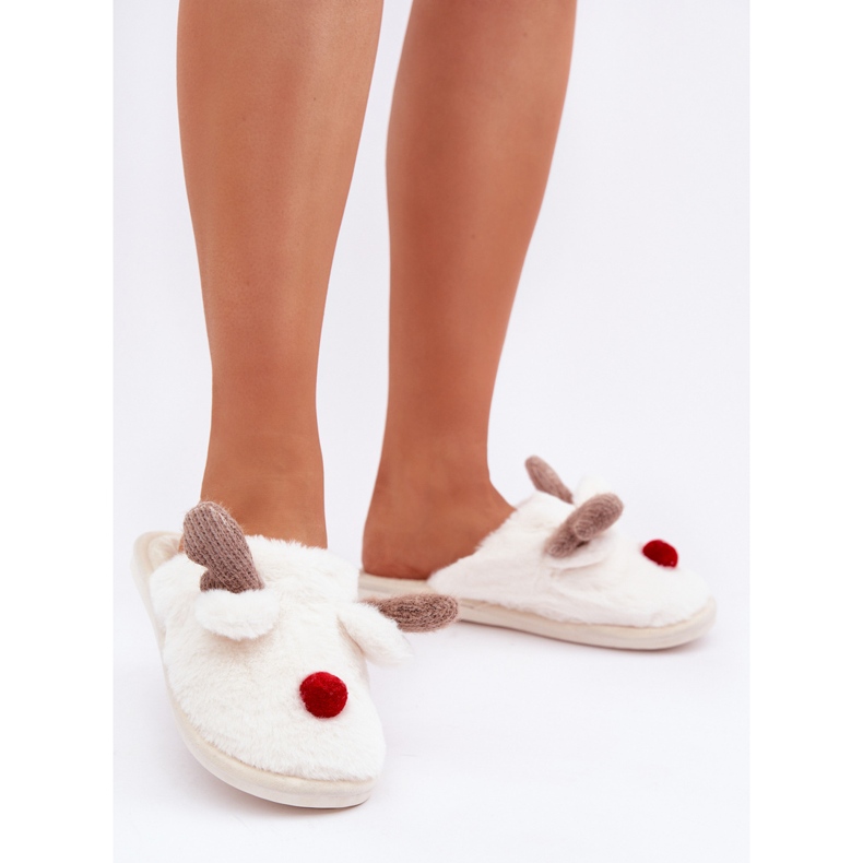 Női szőrme papucs rénszarvas motívummal, fehér 2