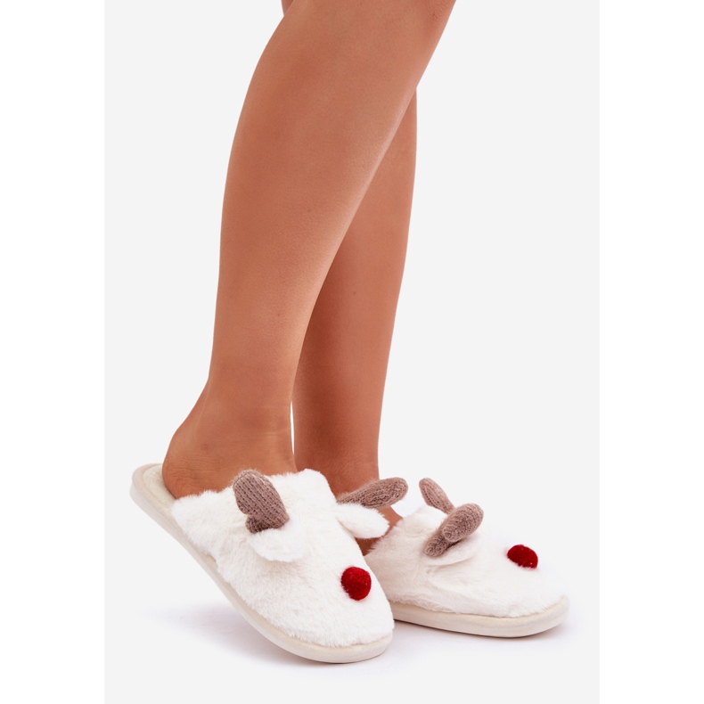 Női szőrme papucs rénszarvas motívummal, fehér 1