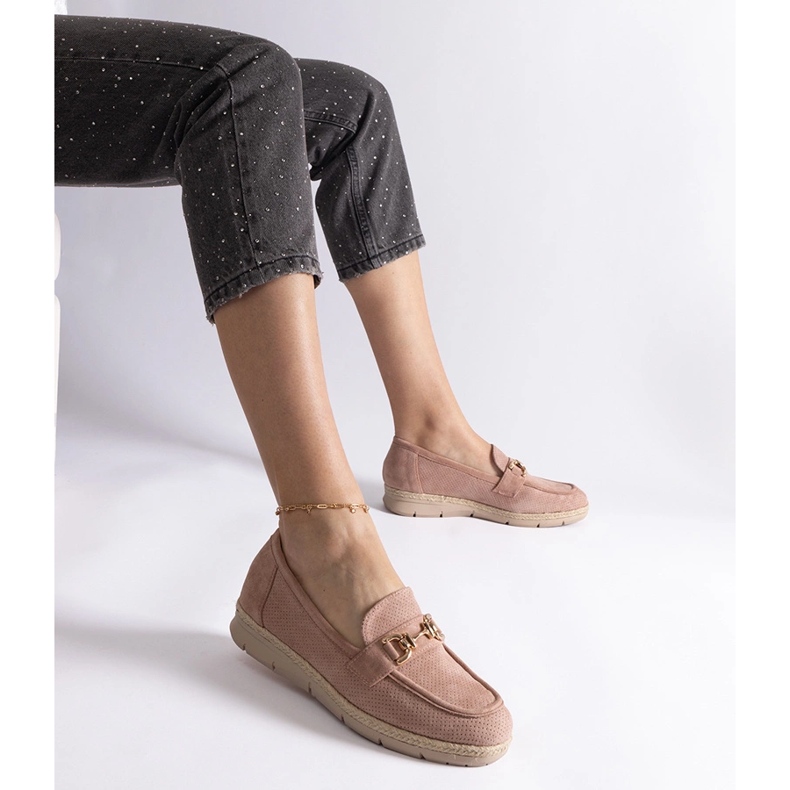 Rózsaszín női mokaszinok öko velúr egy lánccal 1