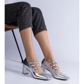 Ezüst szivattyúk egy oszlopon, dekoratív fémes csatokkal 1