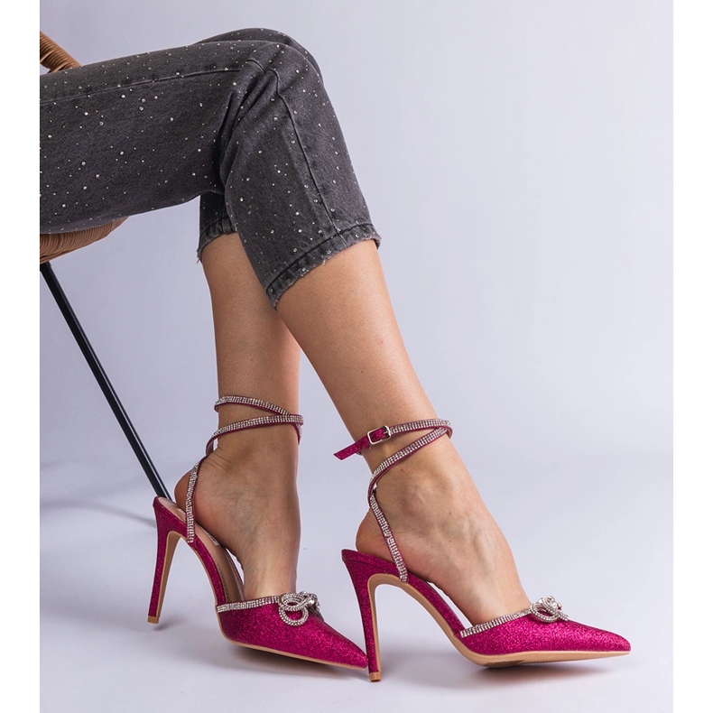 Rózsaszín csillogó magas sarkú cipő íj és cirkonok 1