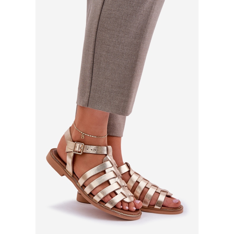 Bőr szandál lapos sarkú cipővel Zazoo 3686 Zlotys aranysárga 1