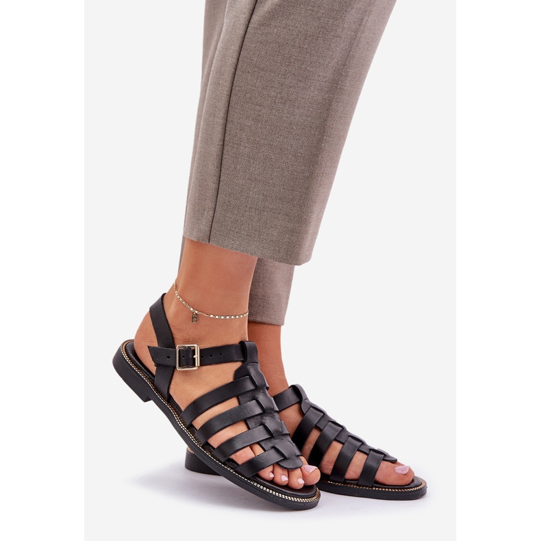 Bőr szandál lapos sarkú cipővel Zazoo 3686 fekete 1