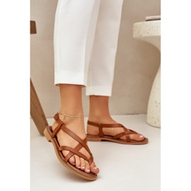 Bőr lapos szandál összefonódó Zazoo 40429 barna hevederekkel 2