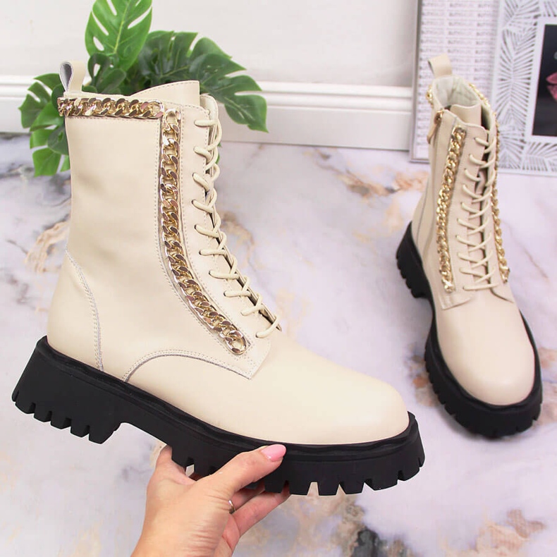 Női bőr bokacsizma lánccal, hőszigetelt bézs Artiker 2