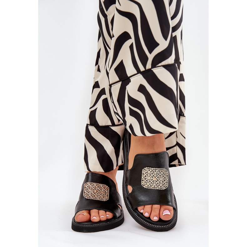 Jezzi Női papucs flopok az anchoikus bőr ékön, dekorációval feketével fekete 2