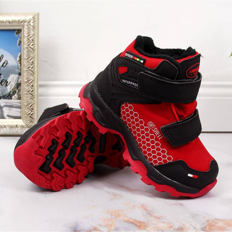 Gyermek vízálló hócsizma tépőzáras piros American Club-al fekete 2