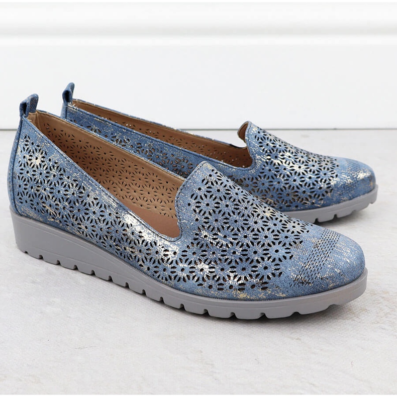 M. DASZYŃSKI Női cipő a nyílt munkás aranyozott kollégiumi magasságon M. Dasyński MR1628-20 kék 2