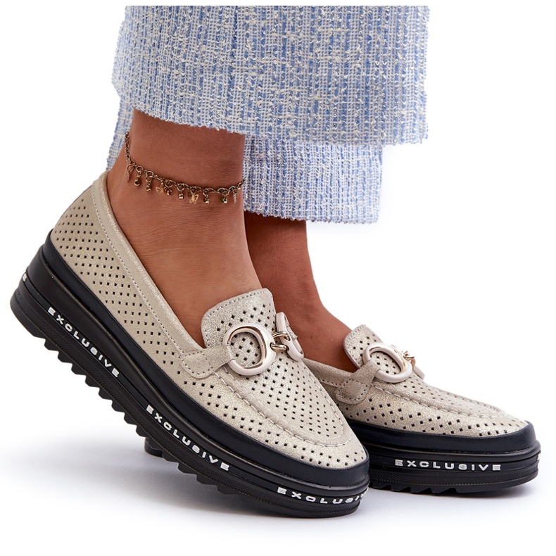 Fényes bőr női mokaszinok az emelvényen díszítéssel S.Barski LR750 Gold aranysárga 4