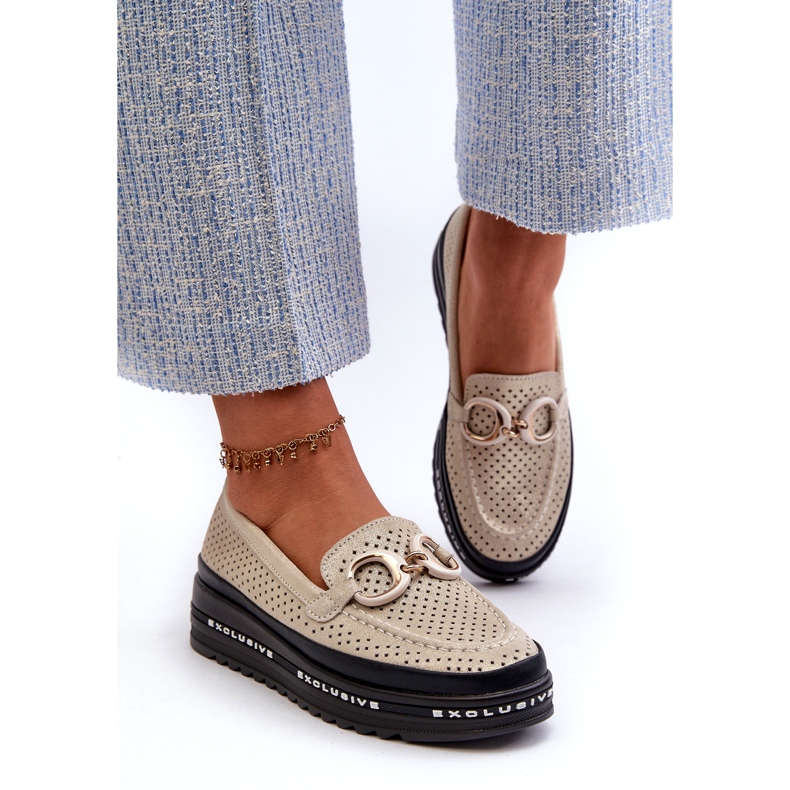 Fényes bőr női mokaszinok az emelvényen díszítéssel S.Barski LR750 Gold aranysárga 1