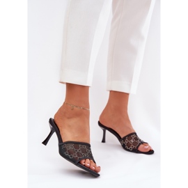 Díszített papucsok a magas sarkú sarkon fekete 2