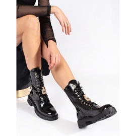 Seastar Fekete lakk fűzős munkás bokacsizma az emelvényen tűkkel 2