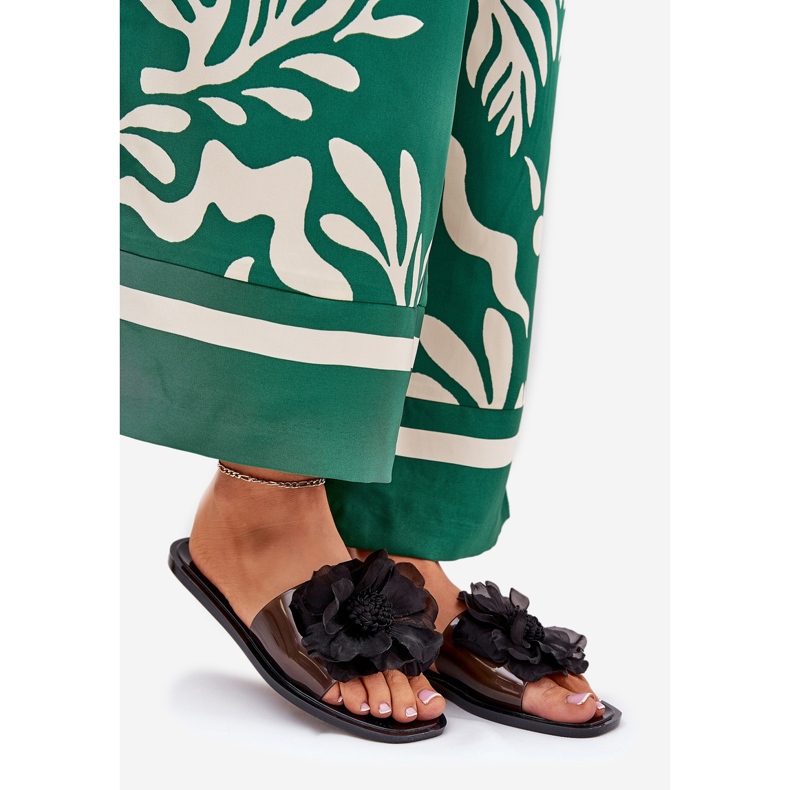 Átlátszó lapos női papucs mesterséges virágfekete 1 Átlátszó lapos női papucs mesterséges virágfekete 1