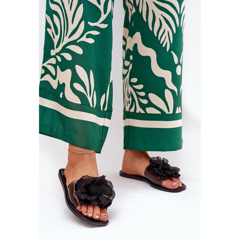 Átlátszó lapos női papucs mesterséges virágfekete 2 Átlátszó lapos női papucs mesterséges virágfekete 2