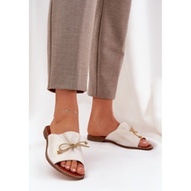 Bőr lapos, elegáns papucs egy íj Lewski 3572 Zloty törölt aranysárga 2