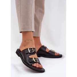 Zazoo Bőr lapos papucs zazo 3020 fekete bilincsekkel 2