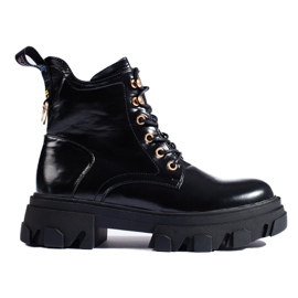 Lakkozott női bokacsizma vastag talppal fekete 2