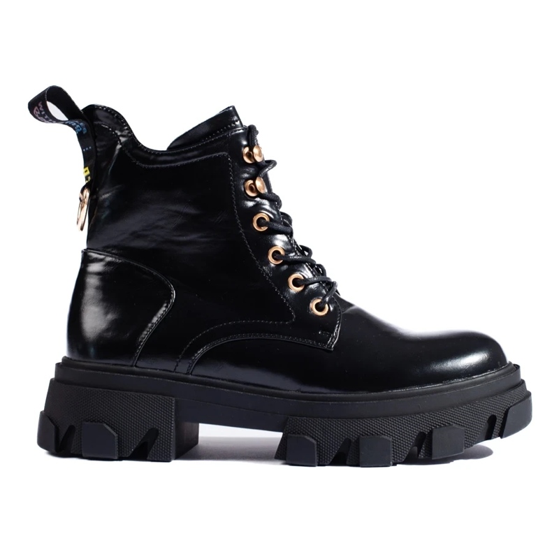 Lakkozott női bokacsizma vastag talppal fekete 2