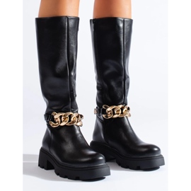 Ökológiai bőrből készült női csizma lánccal fekete 1