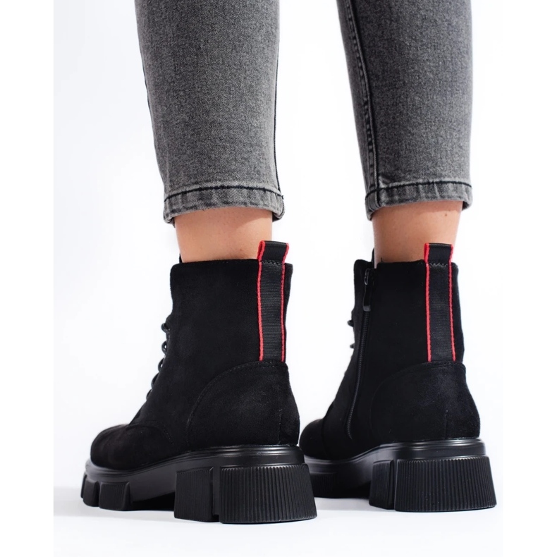 Női könnyű velúr fűzős bokacsizma fekete 1