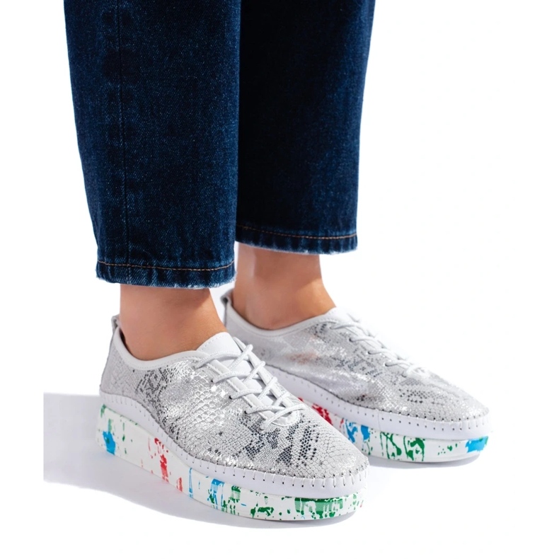 Női ezüst bőrcipő színes Shelovet platformmal 2