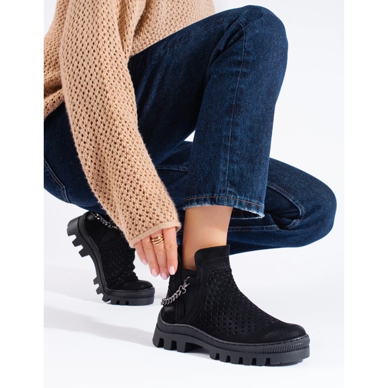 W. Potocki Velúr áttört női bokacsizma, fekete, Potocki 1