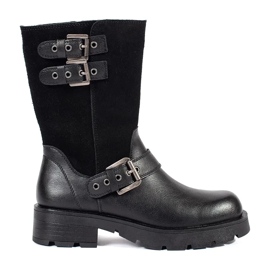 Női fekete bőr bokacsizma a platformon Sergio Leone csíkokkal díszítve 1