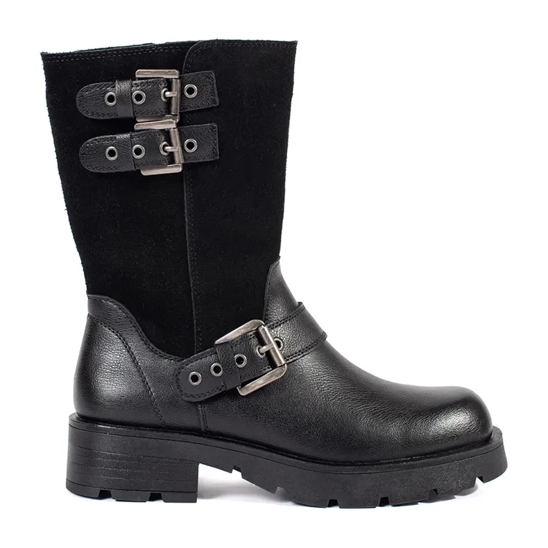 Női fekete bőr bokacsizma a platformon Sergio Leone csíkokkal díszítve 1