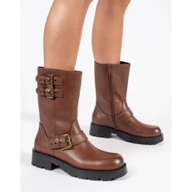 Barna bőr női bokacsizma Sergio Leone csíkokkal díszített emelvényen 1