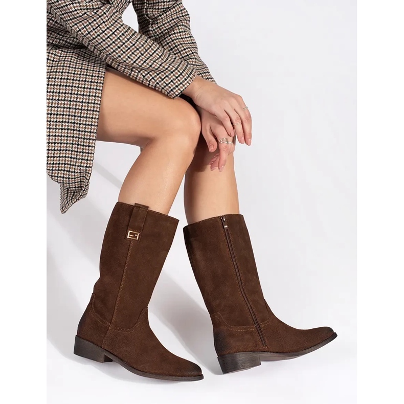 Barna bőr női cowboy csizma magas sarkú cipővel, Sergio Leone 1