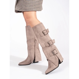 Seastar Bézs színű, velúr színű, csatos női magas sarkú csizma 2