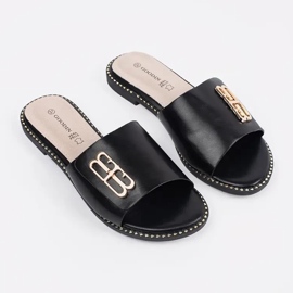 Goodin Fekete női papucsok egy díszes lapos talpon 1