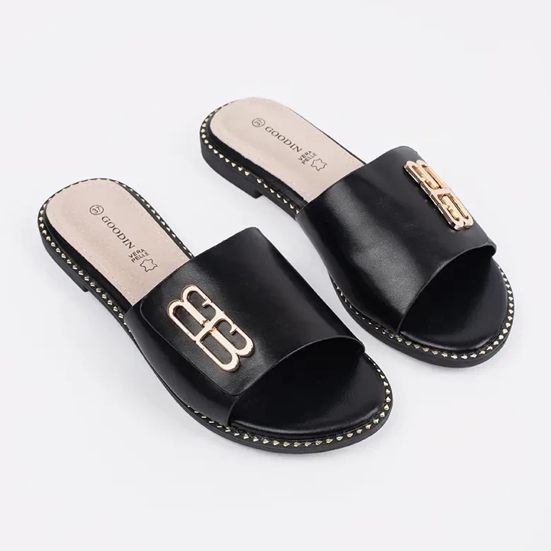 Goodin Fekete női papucsok egy díszes lapos talpon 1