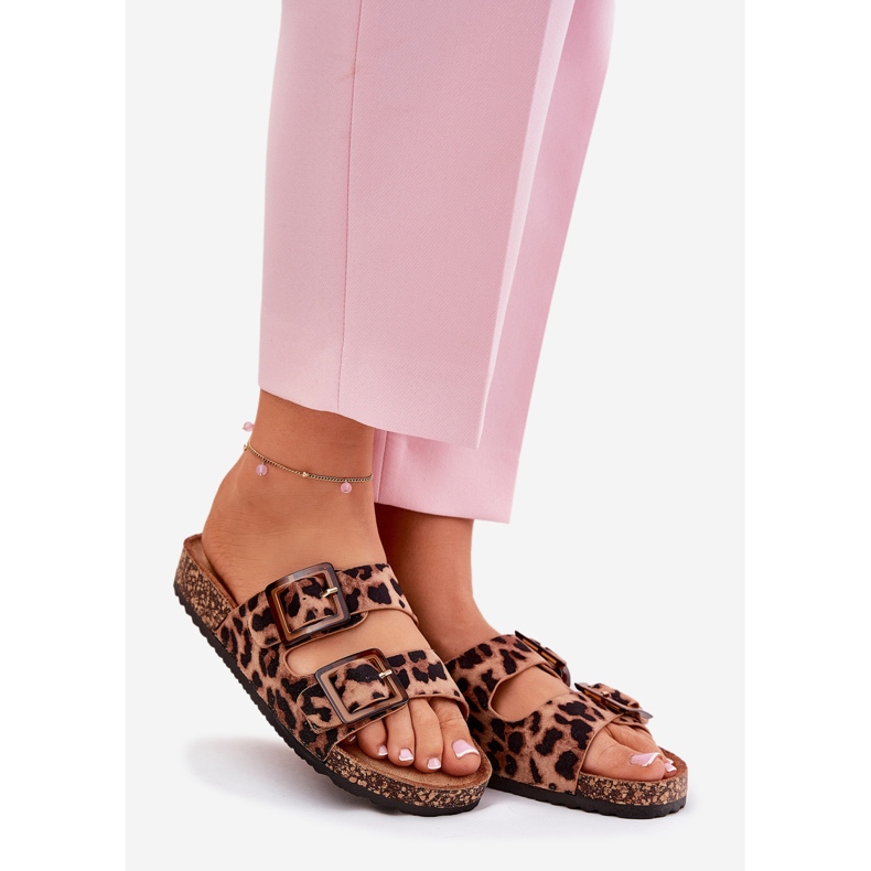 Női papucskarapok bilincsekkel a parafa talp barna leopárdra 1