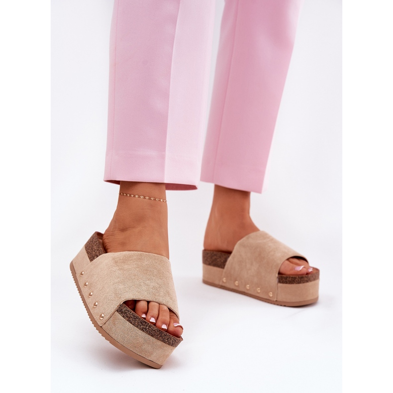 Női papucs a hatalmas platformon Eco Suede Khaki bézs 2