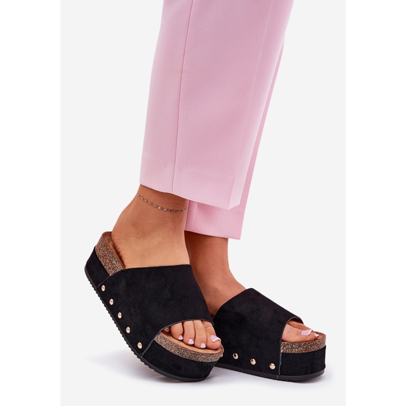 A női papucs flopok a hatalmas platformon Eco Suede Black fekete 1