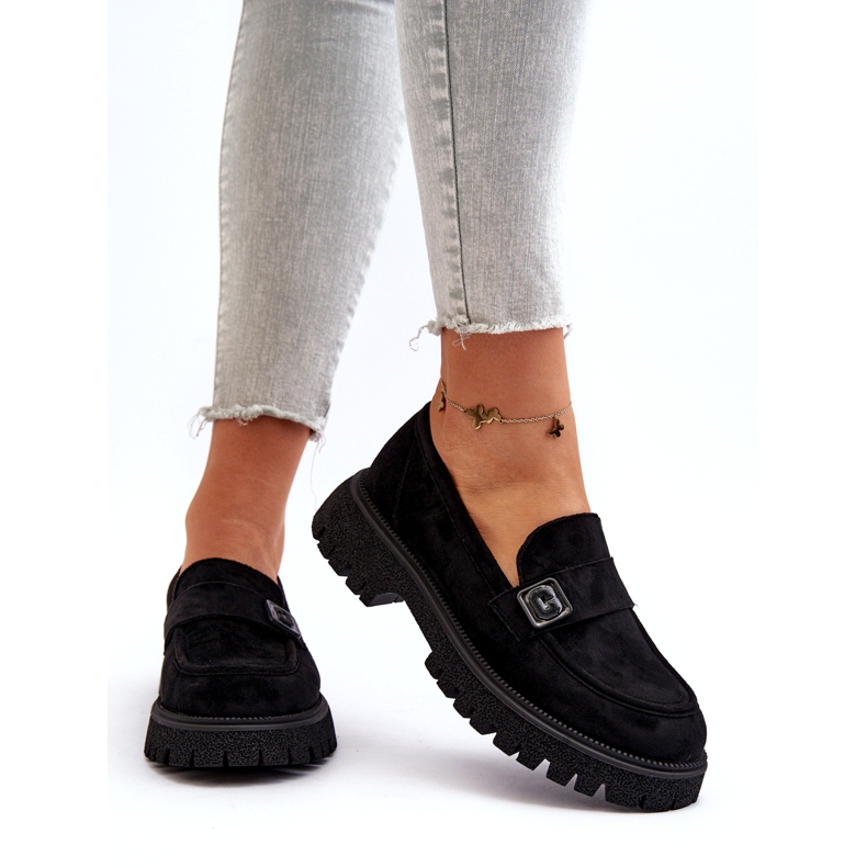 Vinceza Női öko-kisebb fekete mokaszinok dekoratív övvel és bőr betéttel 3