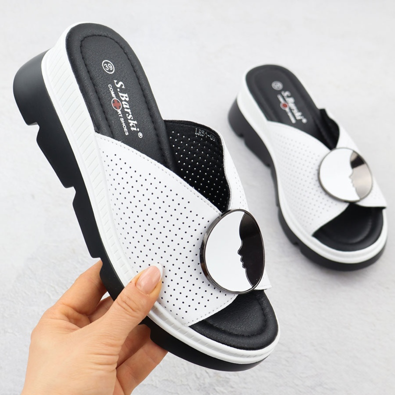 S.Barski Női bőr papucs-flopok nyílt munkája Białe S. Barski LR51-662 fehér 1