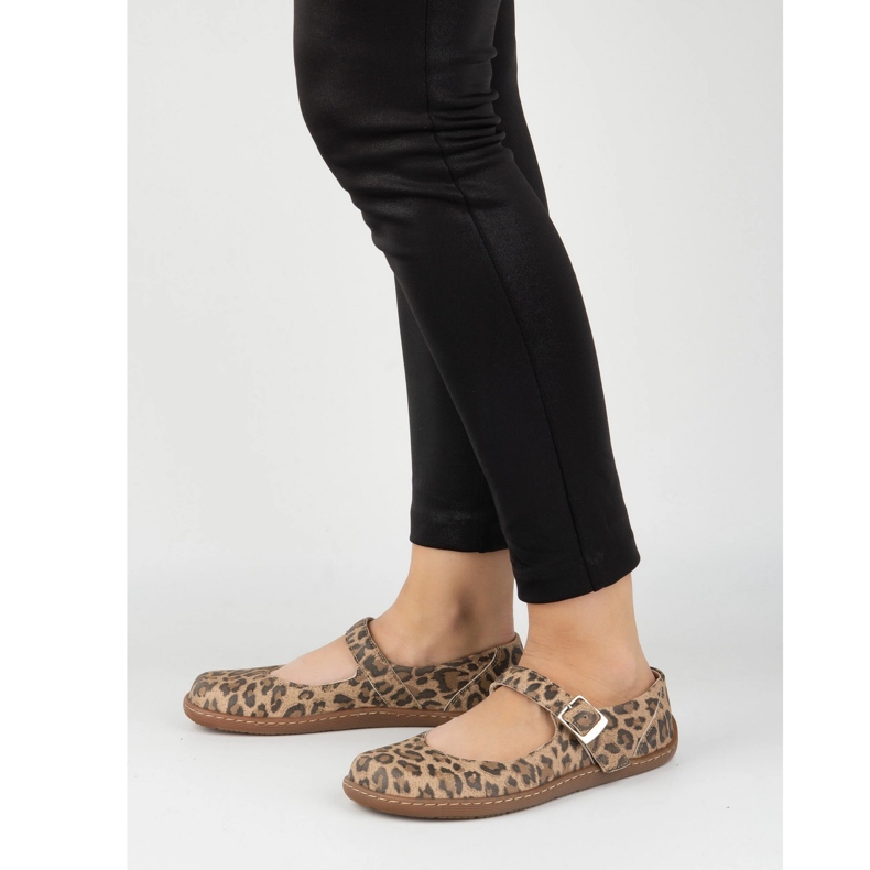 Mezítláb női ballerinák Olivier 1286 - Bőr cipő egy csattal a mindennapi és az elegáns párduc stílusaihoz barna 2